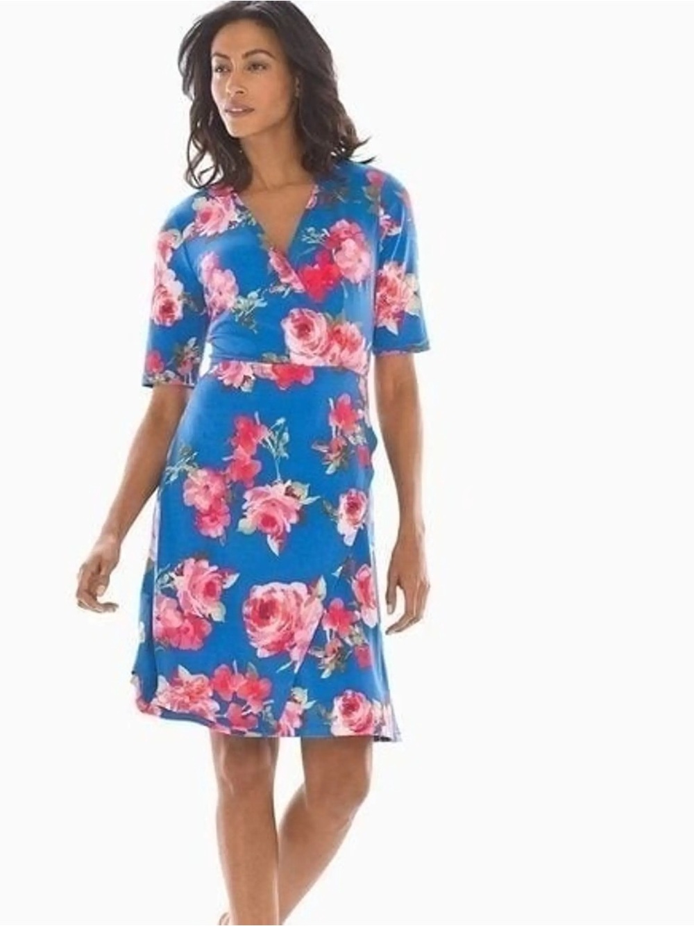 NWOT Soma Blue Floral Faux Wrap Midi Dress XS | Faux Wrap Empire Waist